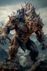 Close-up of angry armored monster and mountain. AI Generated. Art Print